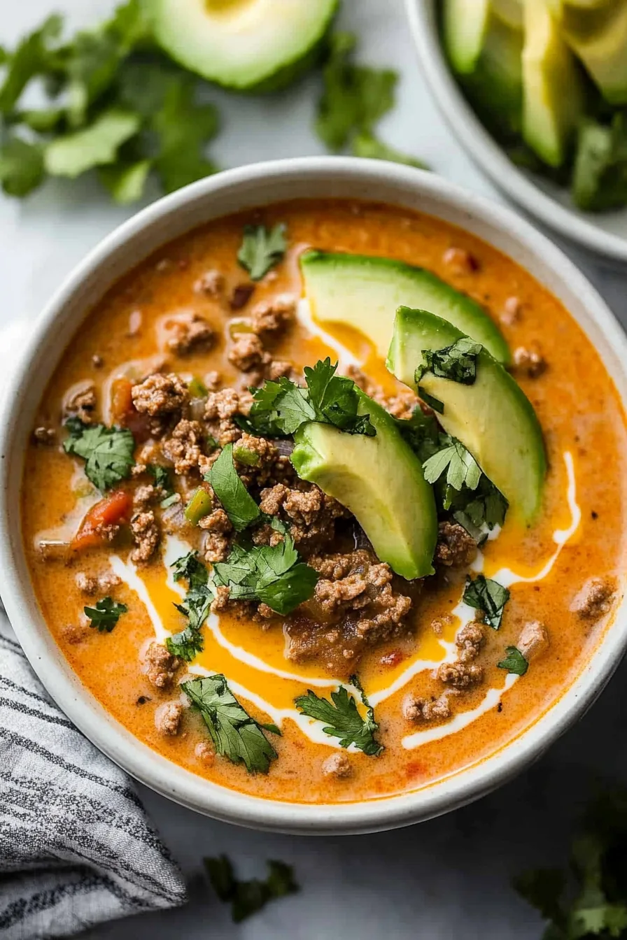 Warm, hearty soup served in a white bowl with a sprinkle of toppings.