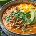 Close-up of a rich, chunky soup with ground meat and vegetables.