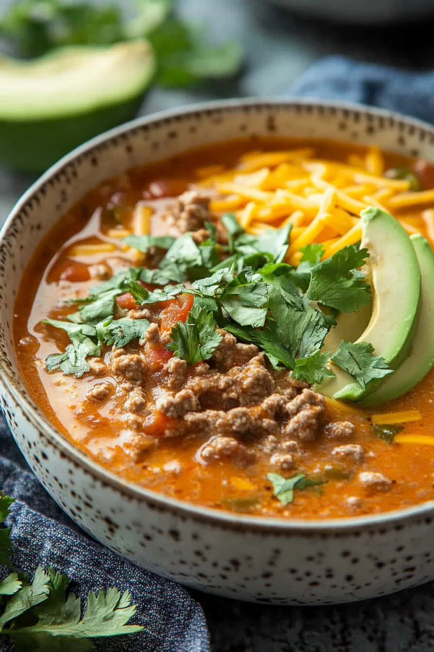 Close-up of a rich, chunky soup with ground meat and vegetables.
