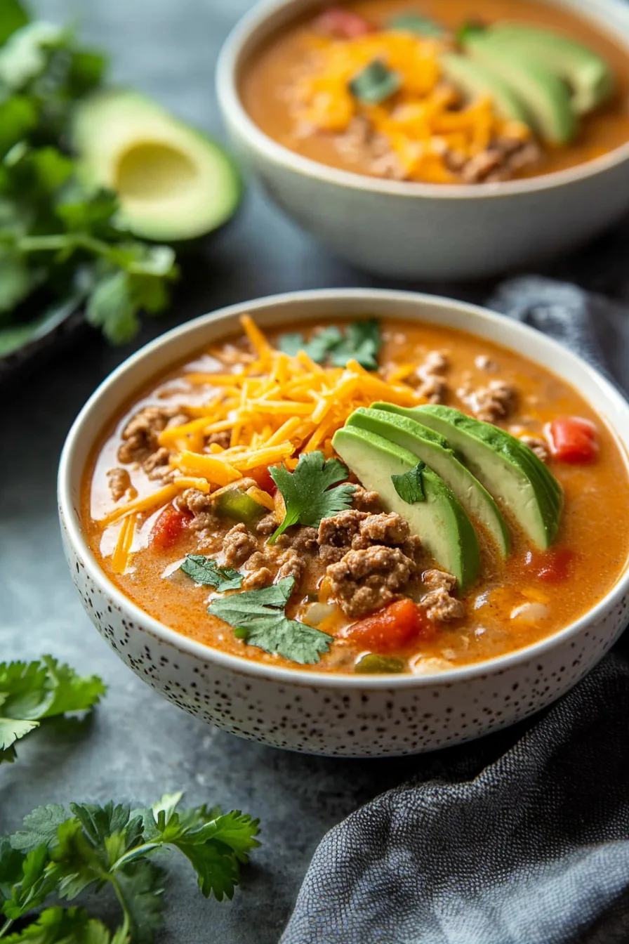 Bowl of creamy, seasoned soup topped with shredded cheese and herbs.