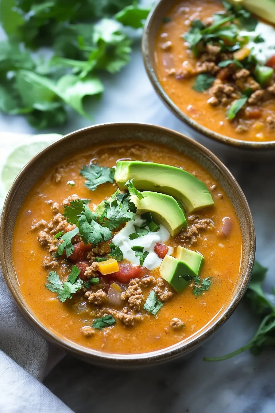 Garnished soup with melted cheese and fresh herbs on the surface.