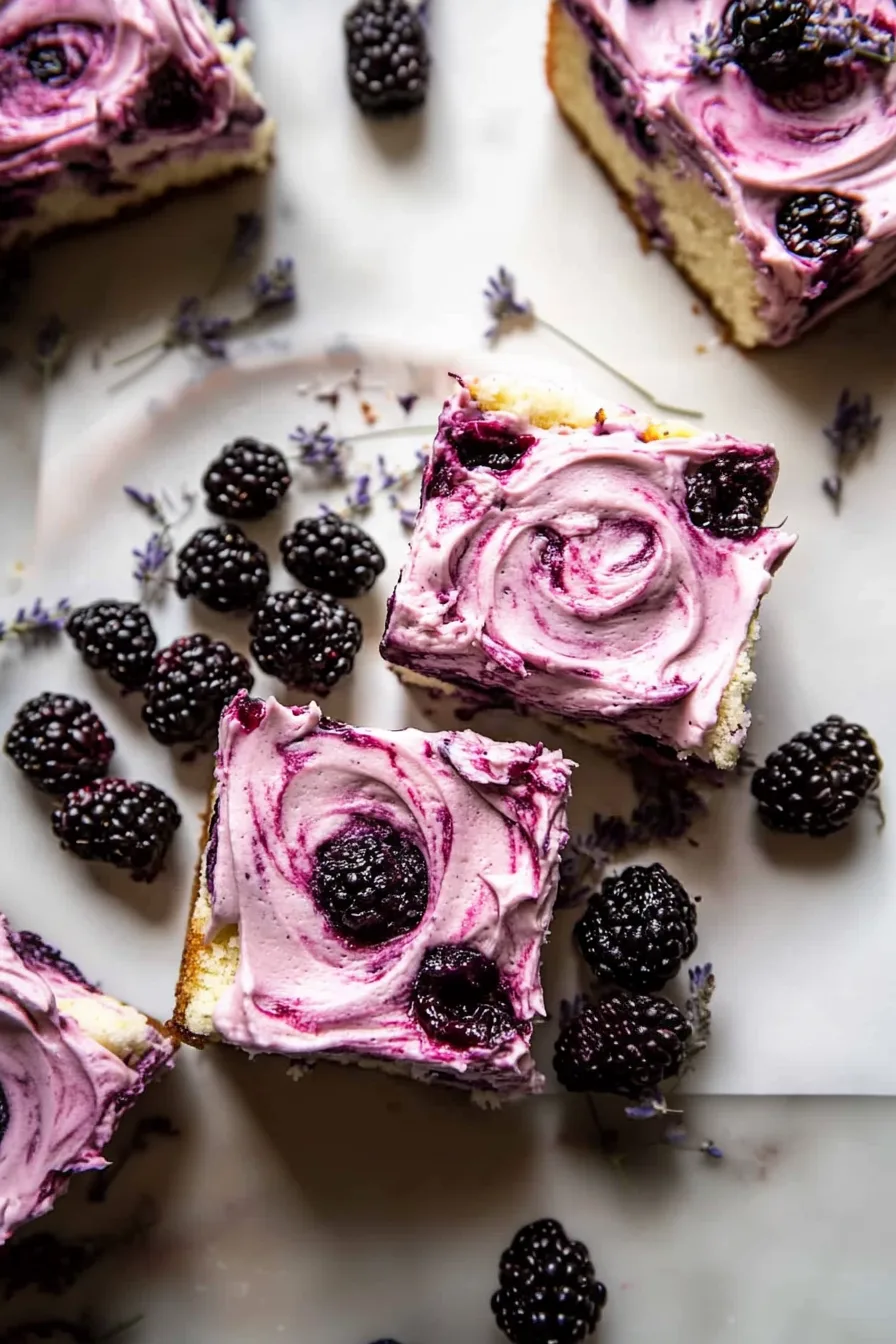 Final plated dessert featuring creamy layers and vibrant blackberry accents.