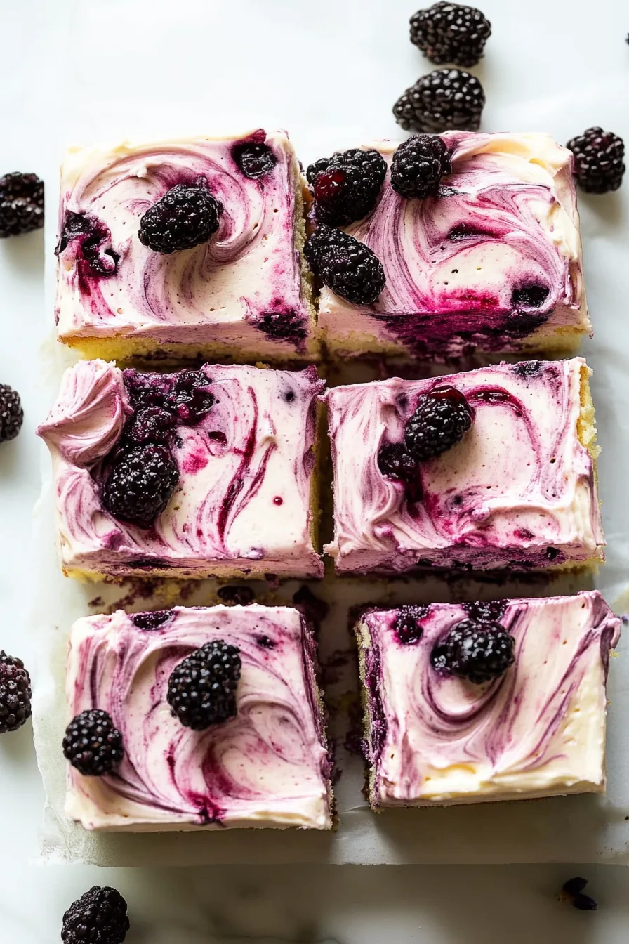 Cut cake showing tender layers and purple-tinted icing with berry garnish.