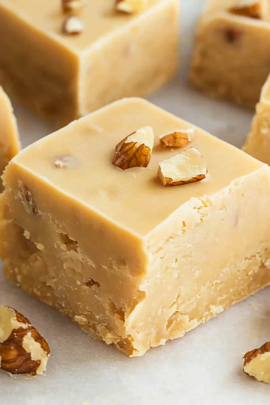 Close-up of creamy homemade fudge squares topped with chopped nuts on a sheet of parchment.