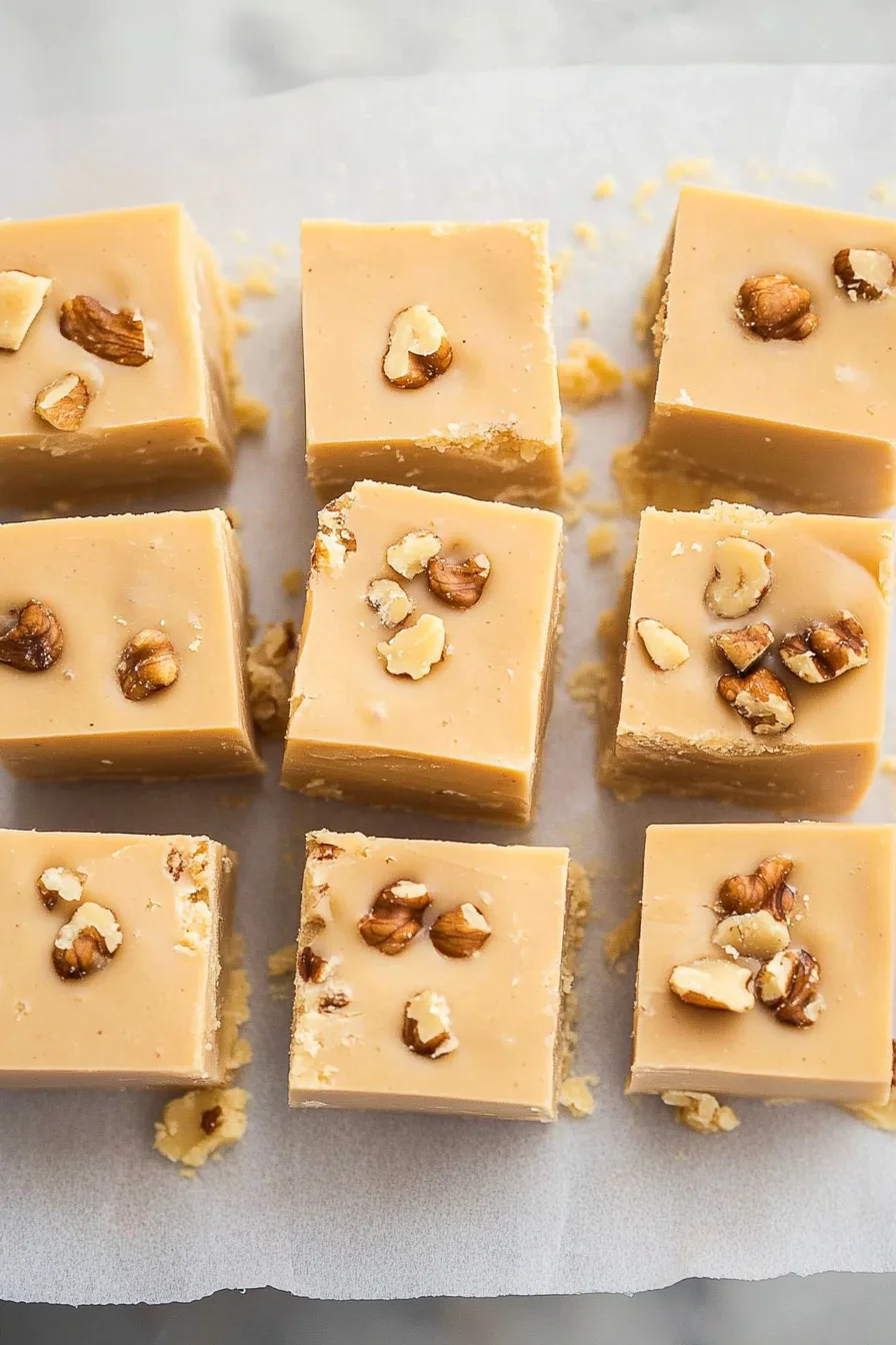 Neatly cut squares of rich, nutty fudge displayed in a casual, rustic layout.
