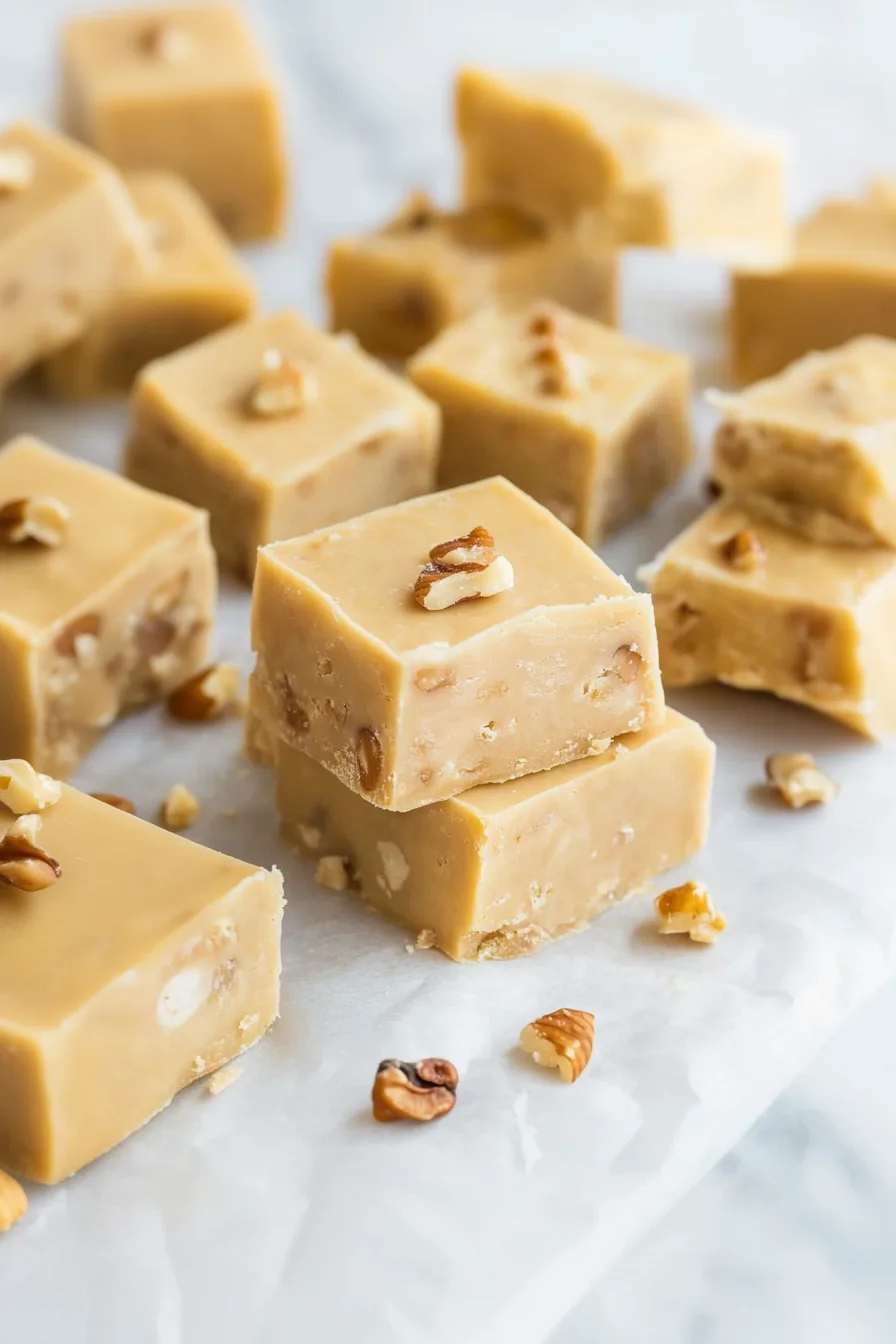 Small cubes of soft, buttery fudge with visible nut pieces, styled for a final recipe presentation.