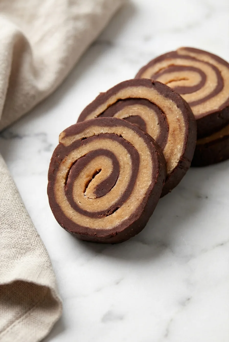 Three spiral slices with chocolate and peanut butter layers, arranged on a marble surface.