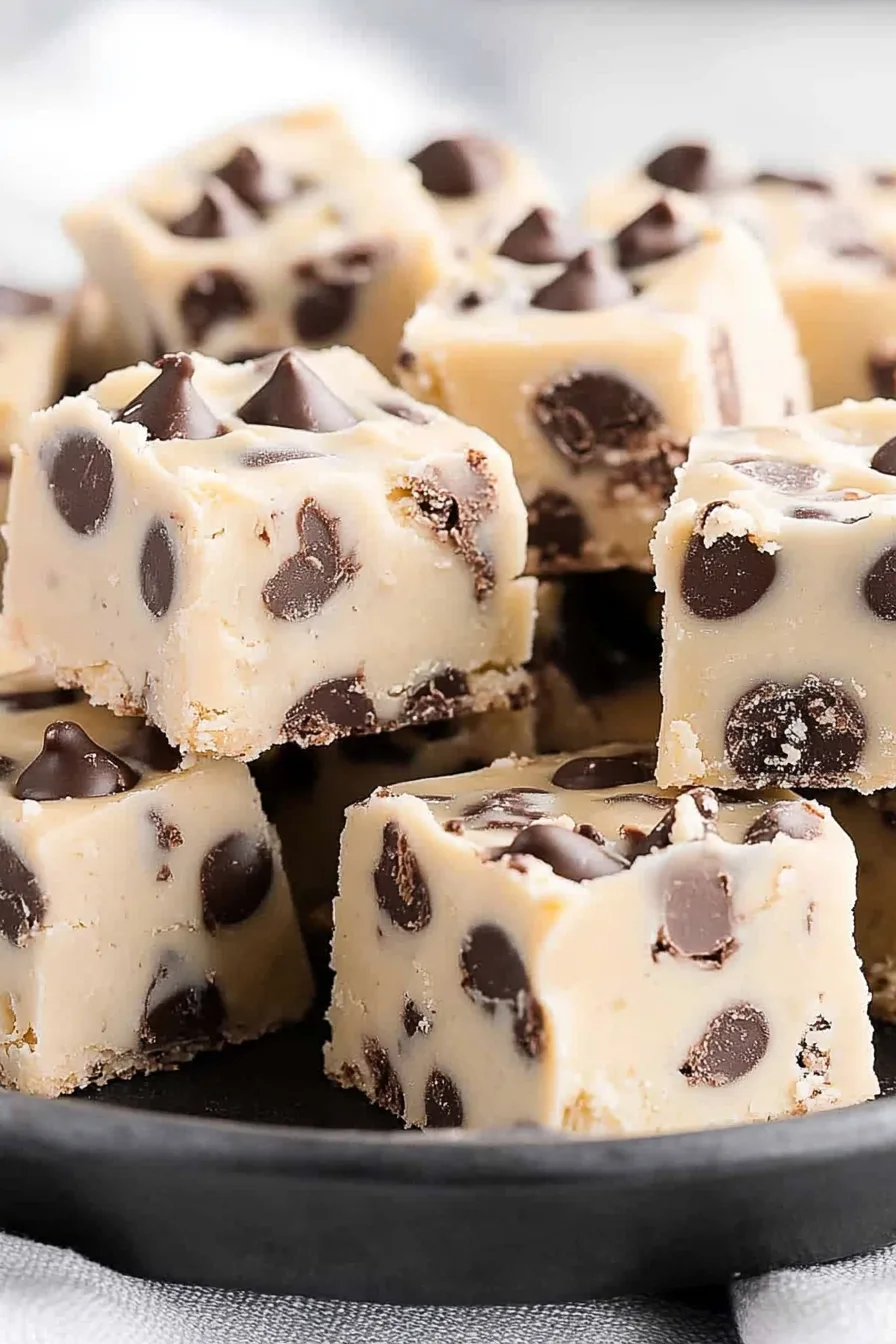 Close-up of smooth fudge pieces dotted with semi-sweet chips, styled for a cozy dessert spread.