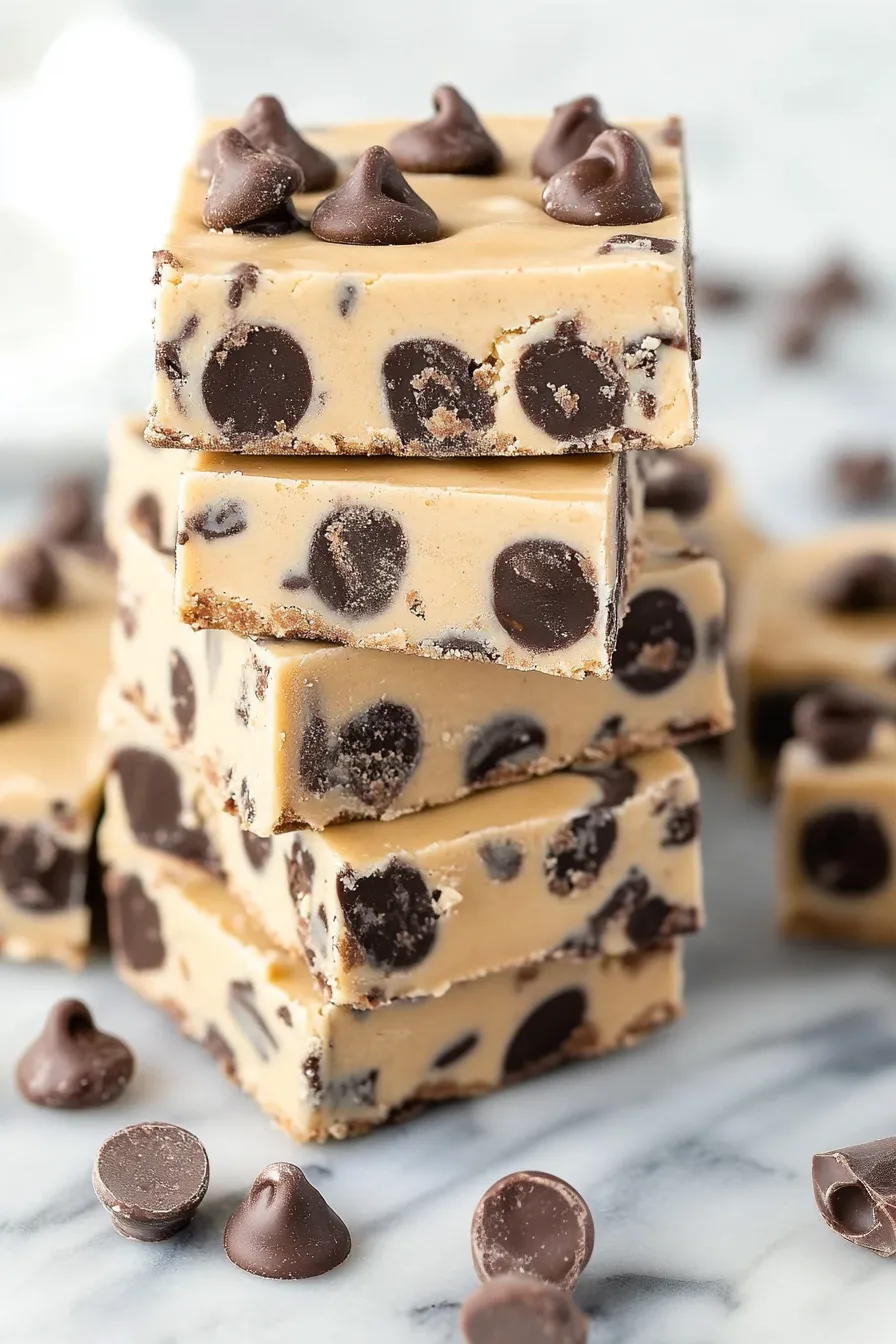 Stacked squares of creamy fudge with chocolate chips scattered on a marble surface.