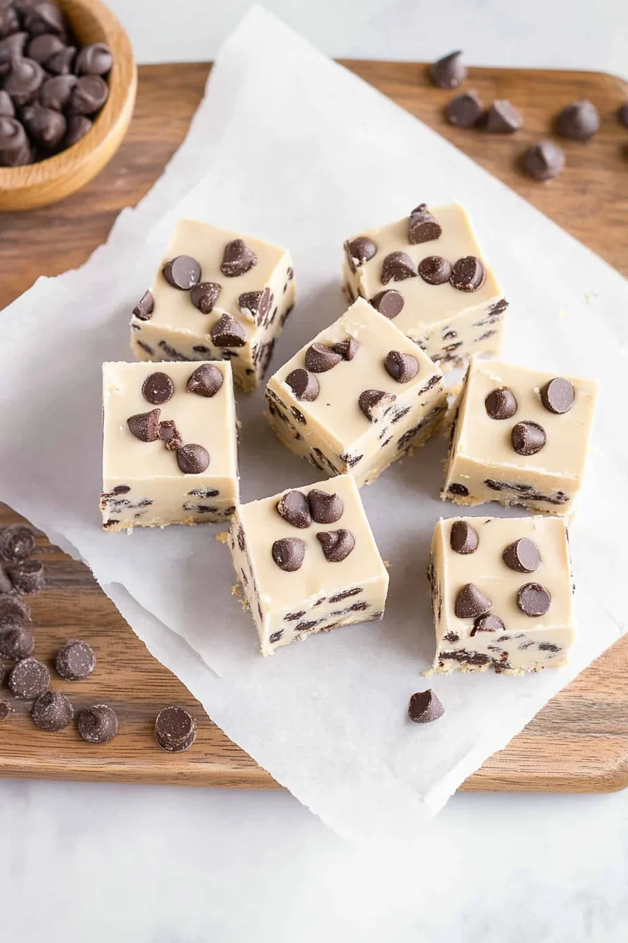 Overhead view of bite-sized fudge with visible chocolate chips and a soft, dense texture.