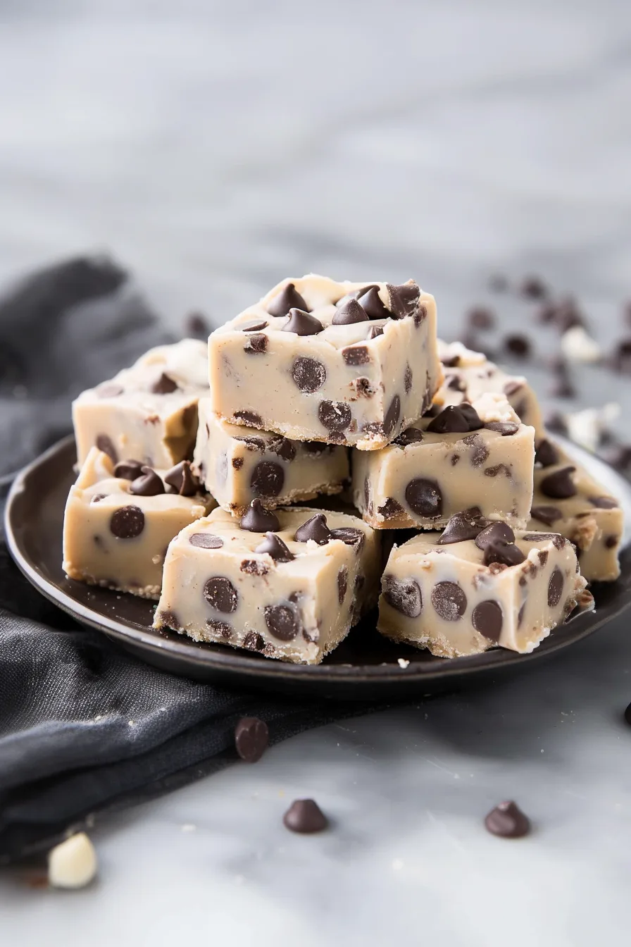Final shot of cookie dough fudge stacked for serving, with melted chips peeking through the surface.