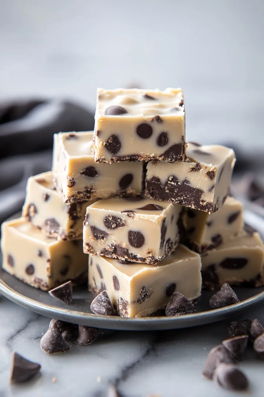 Creamy beige fudge squares with chocolate chips, stacked on a dark plate with soft lighting.