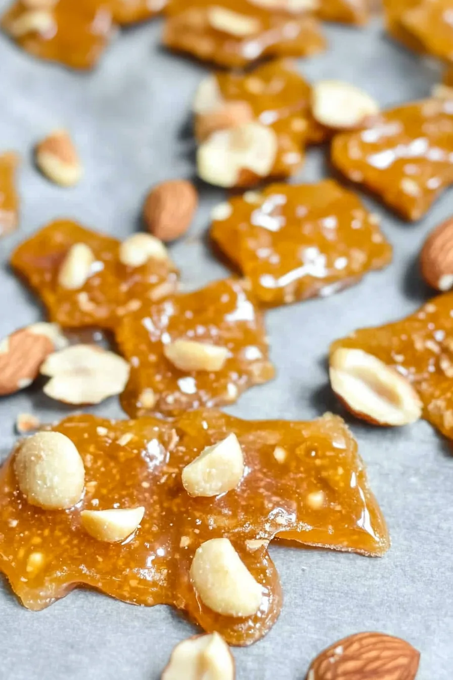Crunchy caramel candy studded with peanuts and almonds on a baking sheet.