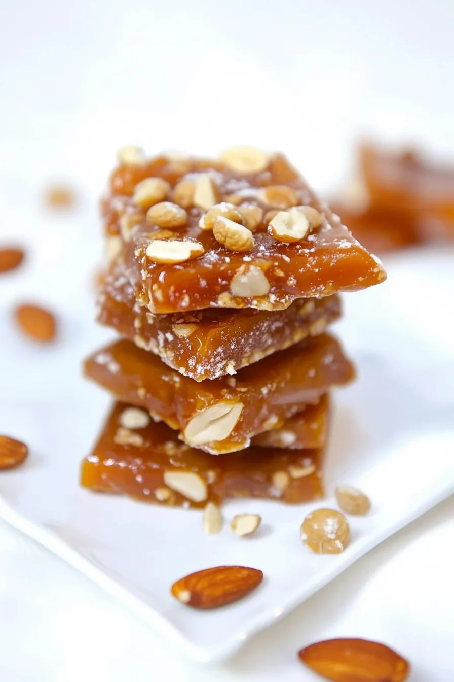 Homemade nut brittle broken into pieces with whole almonds scattered around.