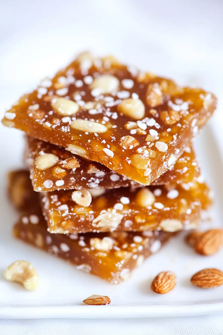 Golden caramel shards topped with chopped nuts, ready to serve.