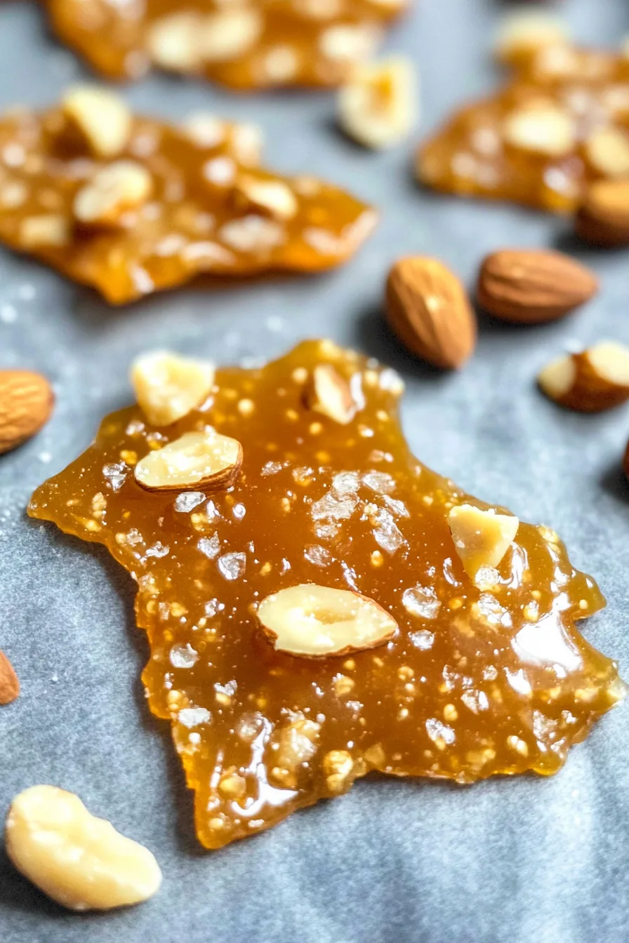 Thin, shiny brittle pieces with mixed nuts set out to harden.”