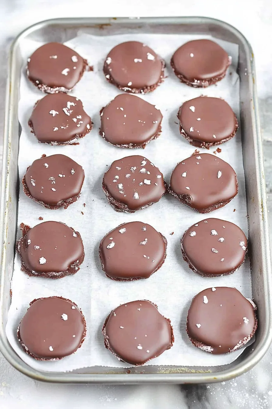Neatly arranged candies with smooth chocolate shells and soft white interiors.