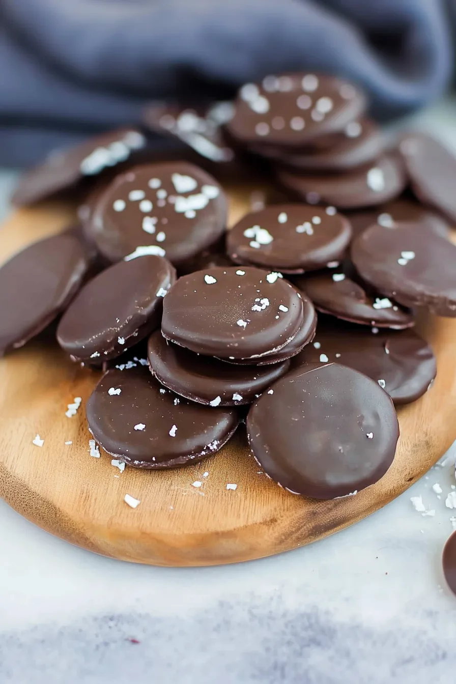 Chocolate-coated rounds stacked on a plate with the creamy white centers showing.