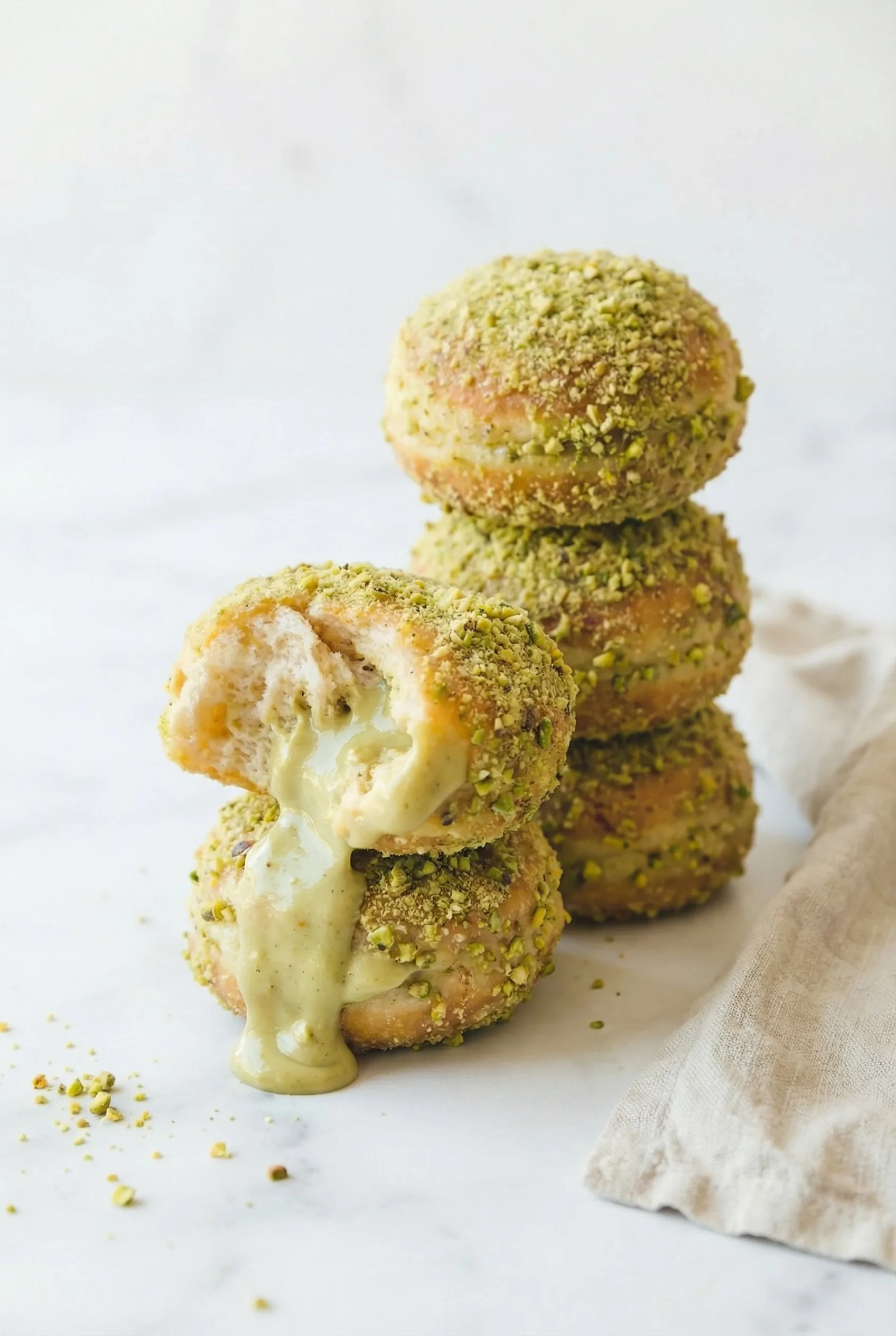 A creamy, pistachio-studded donut filling dripping from a freshly opened donut beside a neatly folded linen.