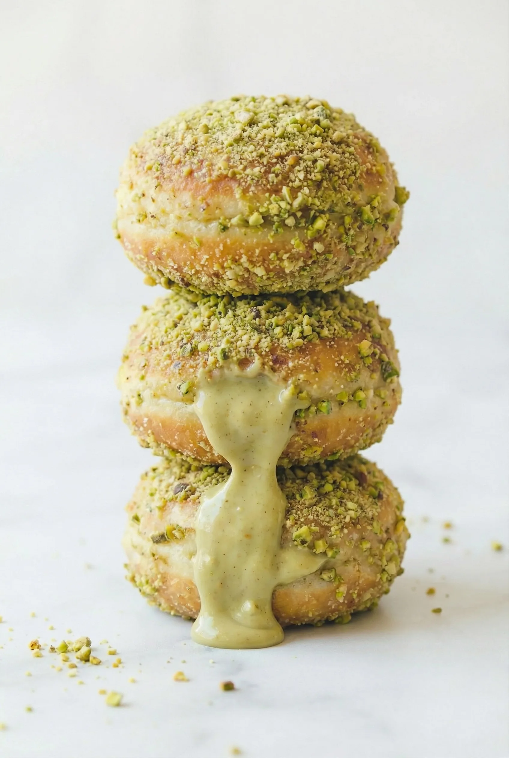 Pistachio-crusted donuts arranged in a tall stack, highlighting their glossy glaze and creamy center.