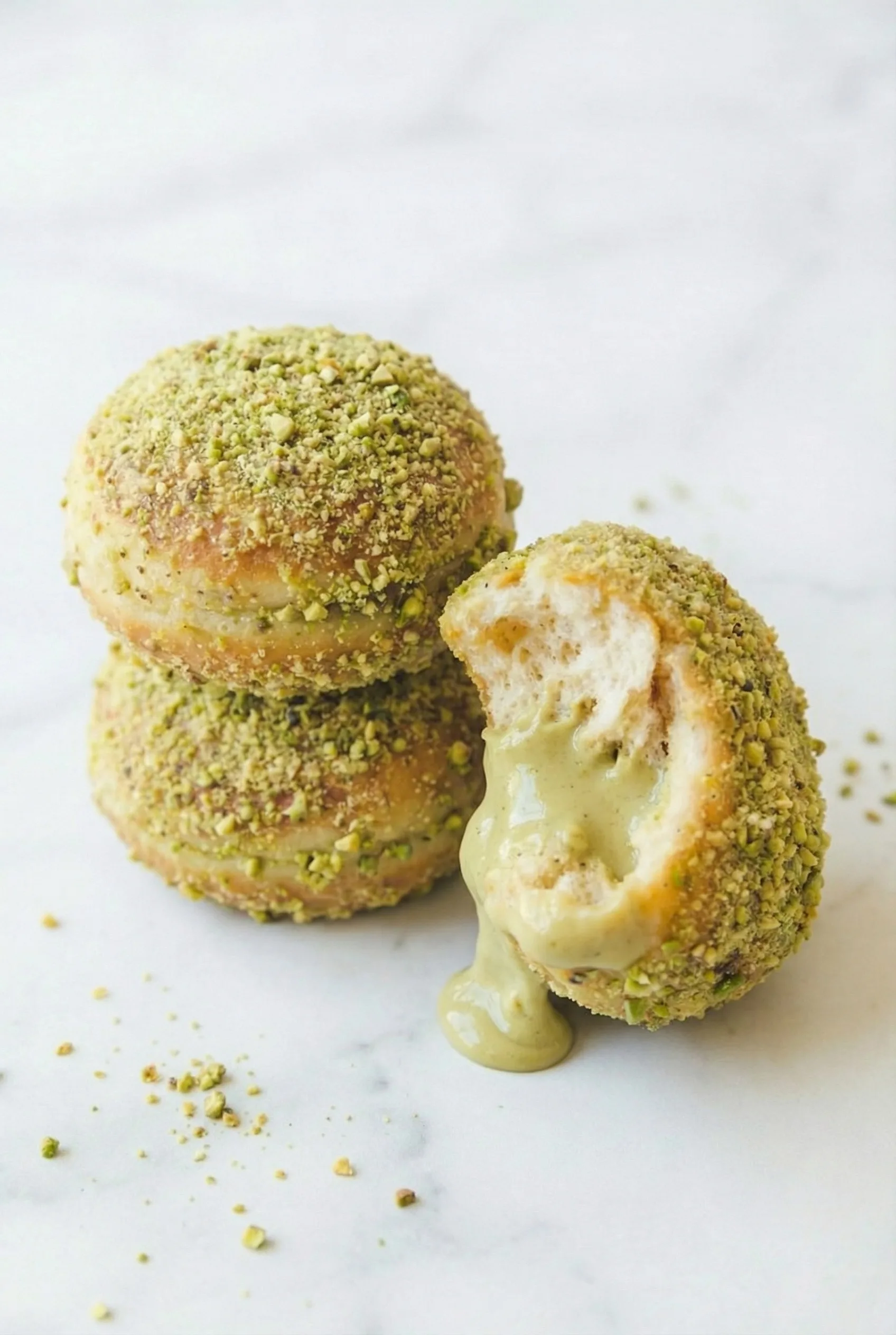 Close-up of soft, round donuts dusted with pistachio crumbs and filled with a rich, pale-green pastry cream.