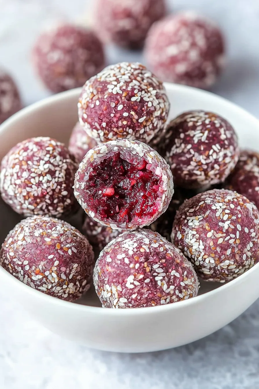 Close-up of textured raspberry bliss balls with a glossy finish and crunchy sesame coating.