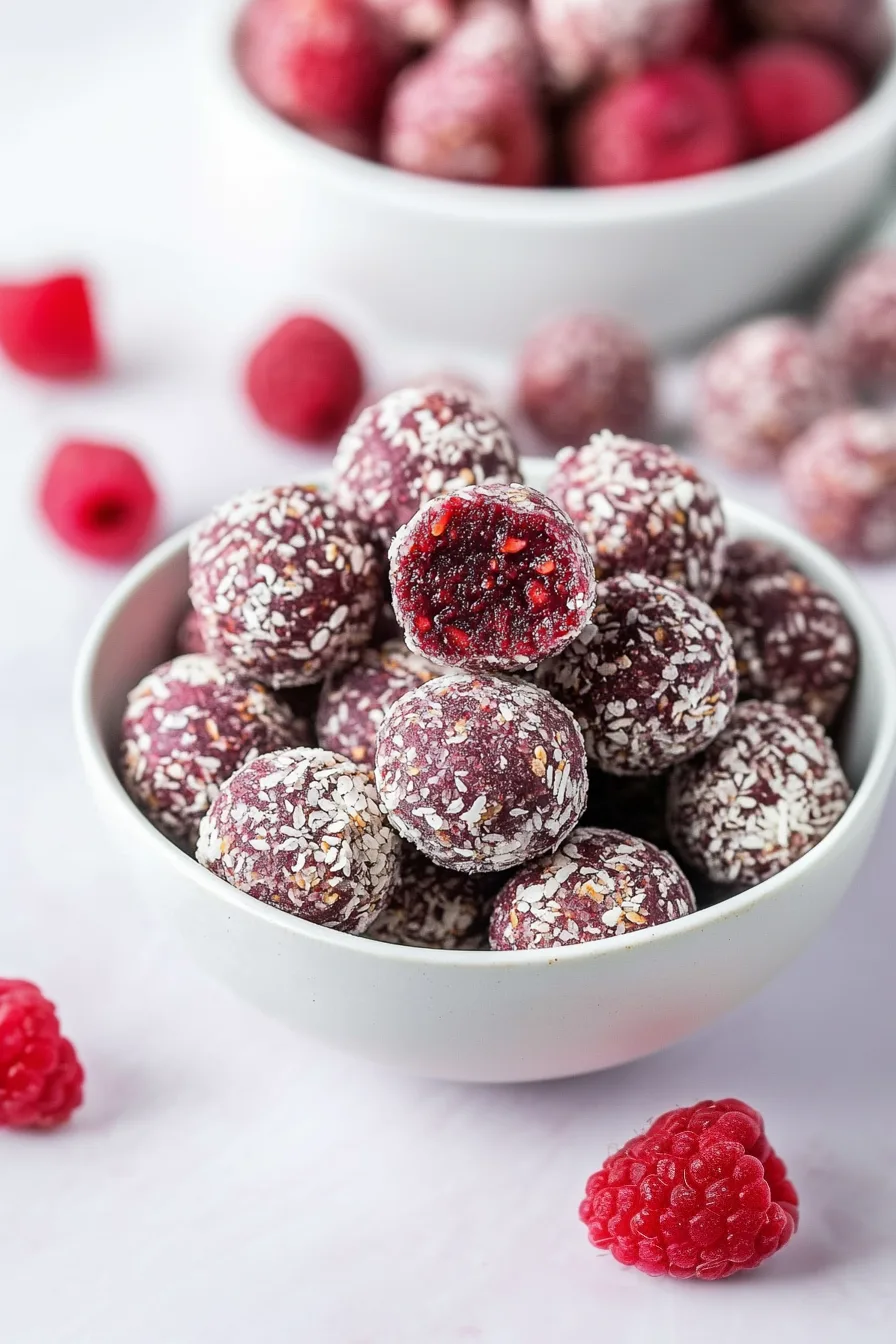 White bowl filled with purple snack balls coated in sesame seeds, one sliced to show a berry-red center.