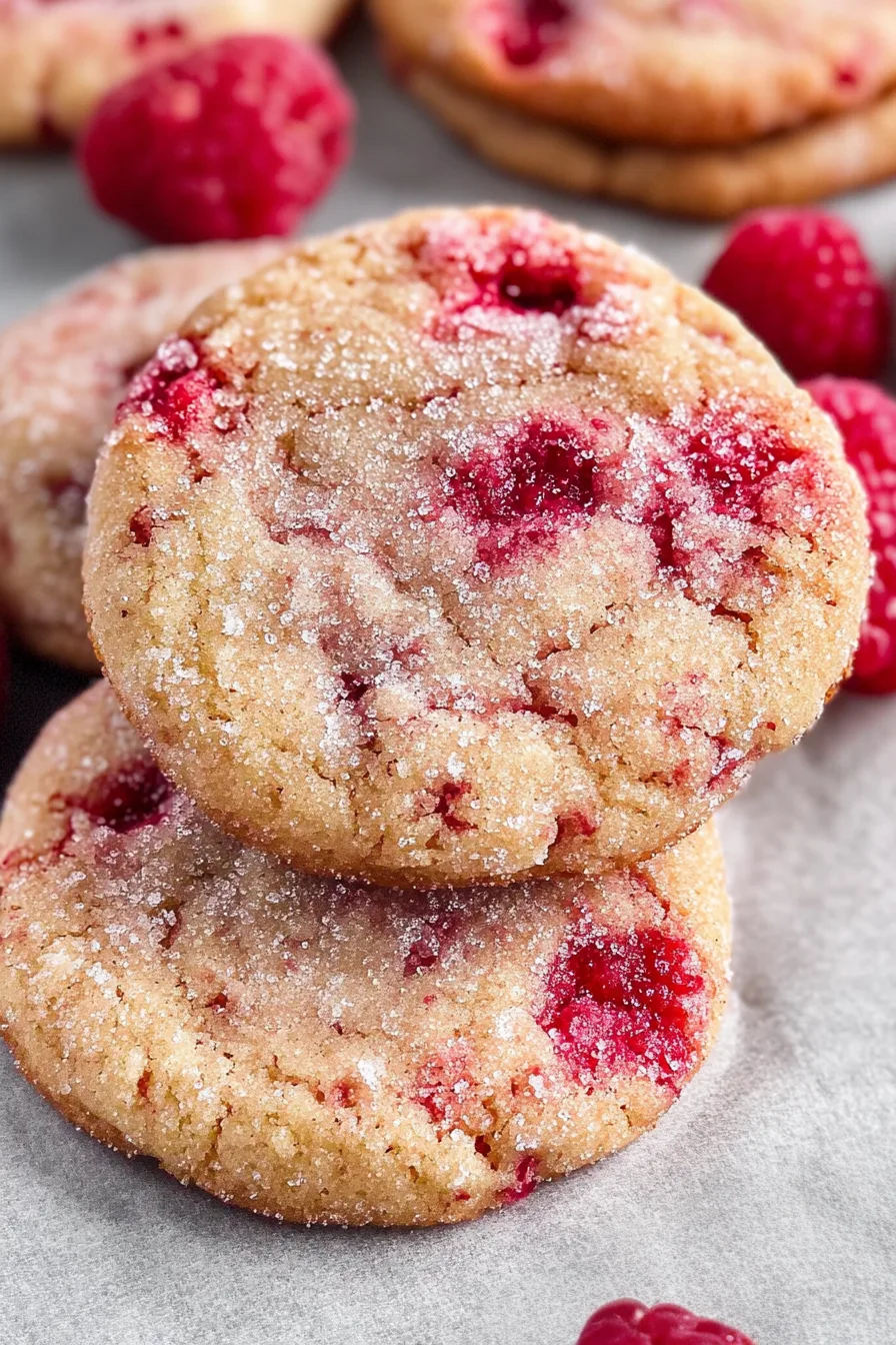 Close-up of pale golden cookies featuring baked-in raspberries and a sparkling sugar coating.