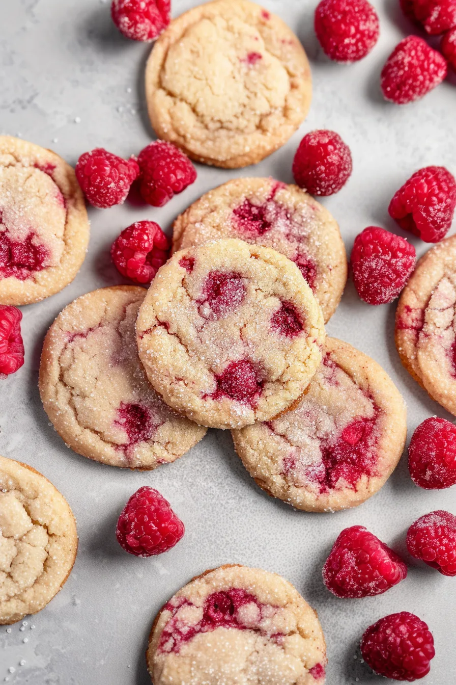 Group of chewy-looking cookies studded with juicy red berries, photographed on a bright background.