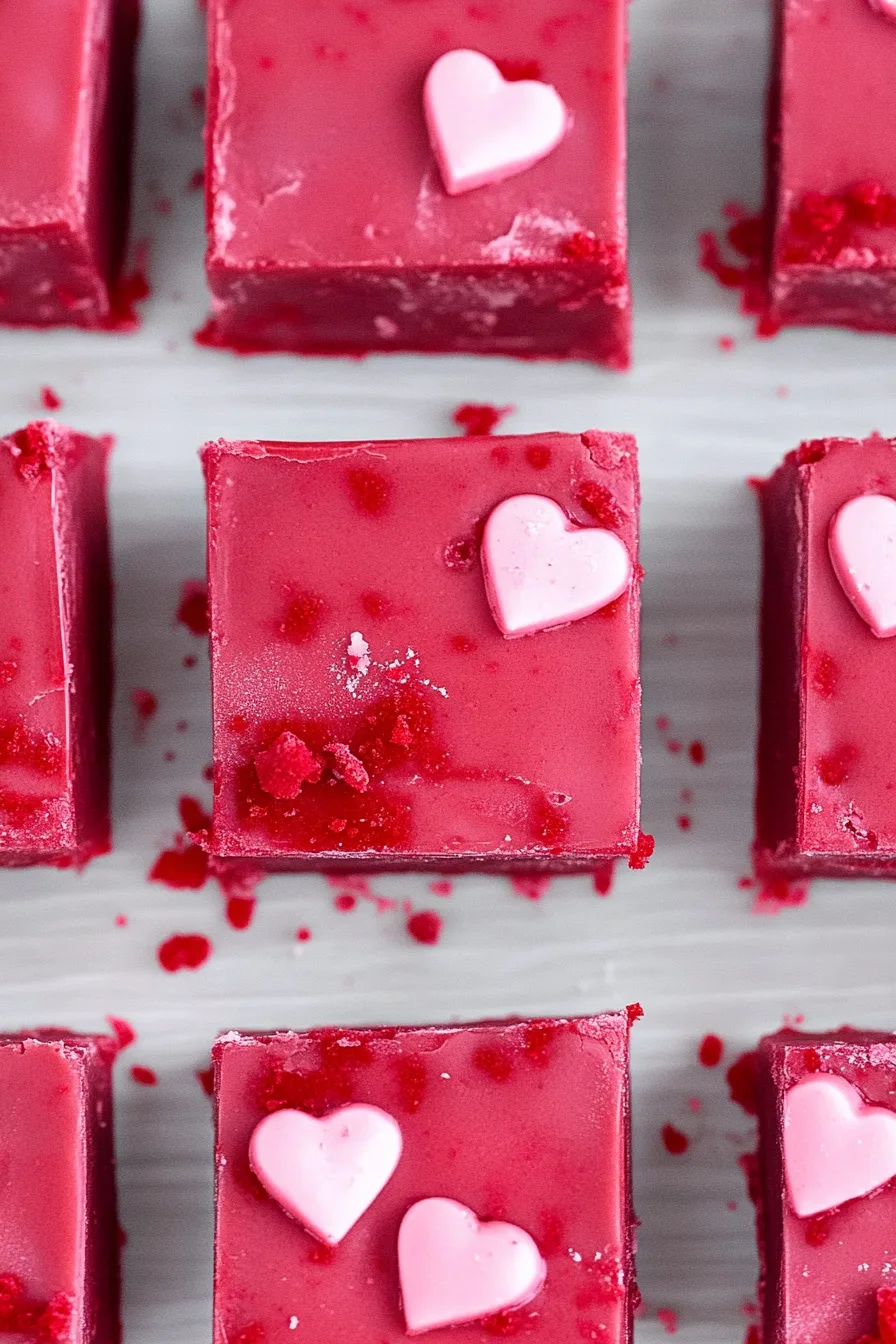 A thick, vibrant red fudge cube resting on a marble surface.