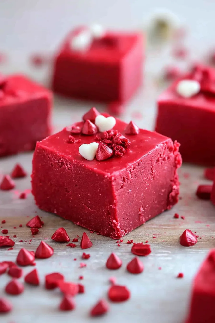 A square of bright red fudge topped with small heart-shaped sprinkles.