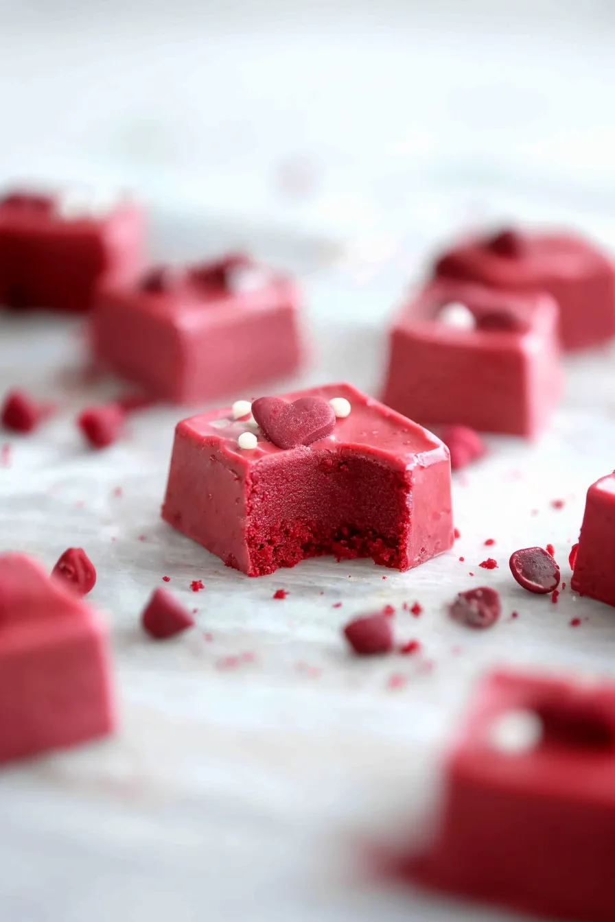 Red fudge pieces scattered with red and white candy accents.