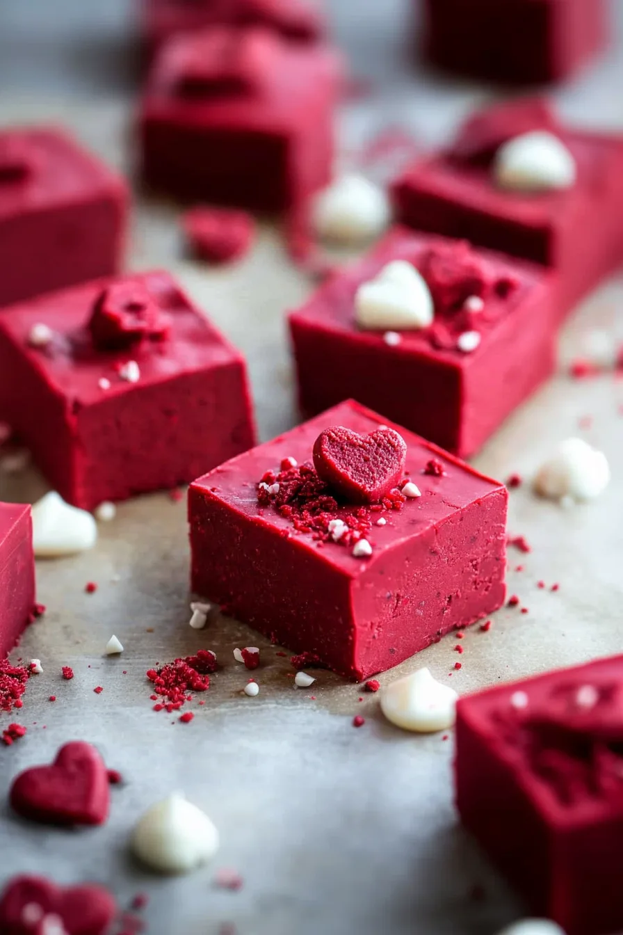 Smooth red confection squares surrounded by matching candy chips.