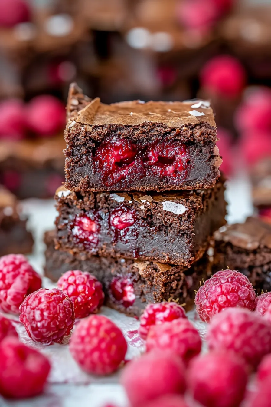 A cut brownie bar showing its soft interior and melted red berries, with scattered fresh raspberries in front.