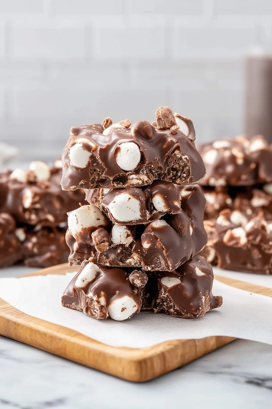 Chunky chocolate dessert pieces arranged for serving.