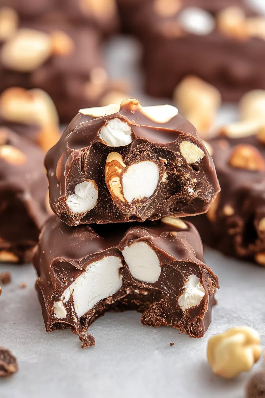 Close-up of glossy chocolate clusters mixed with soft and crunchy pieces.