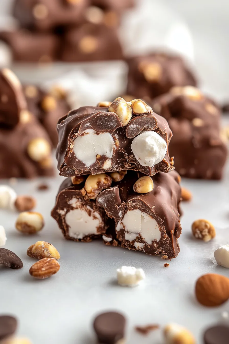 Chocolate-coated bite-size treats with visible nuts and marshmallows.
