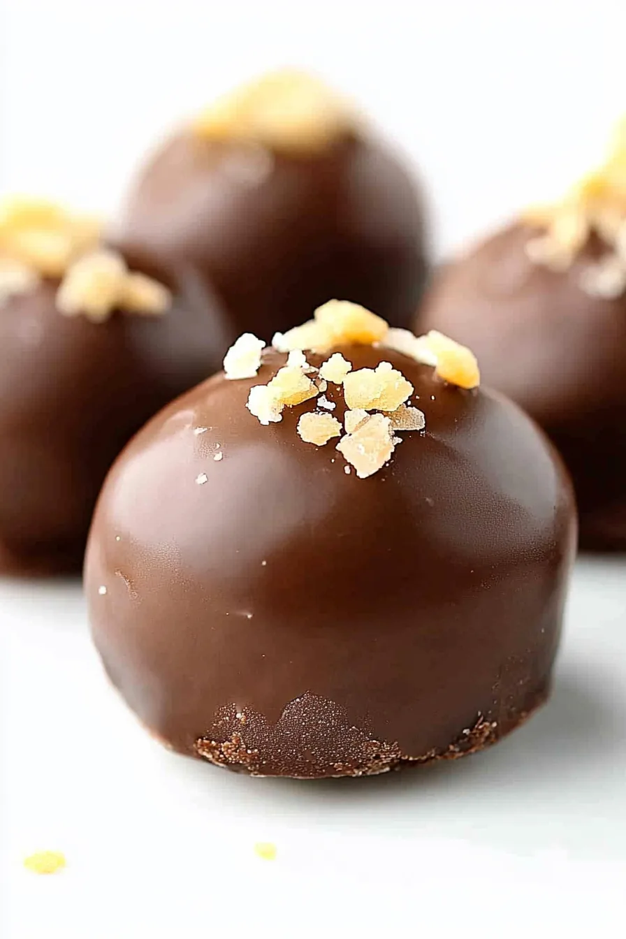 Close-up of smooth chocolate truffles topped with crunchy caramel bits.