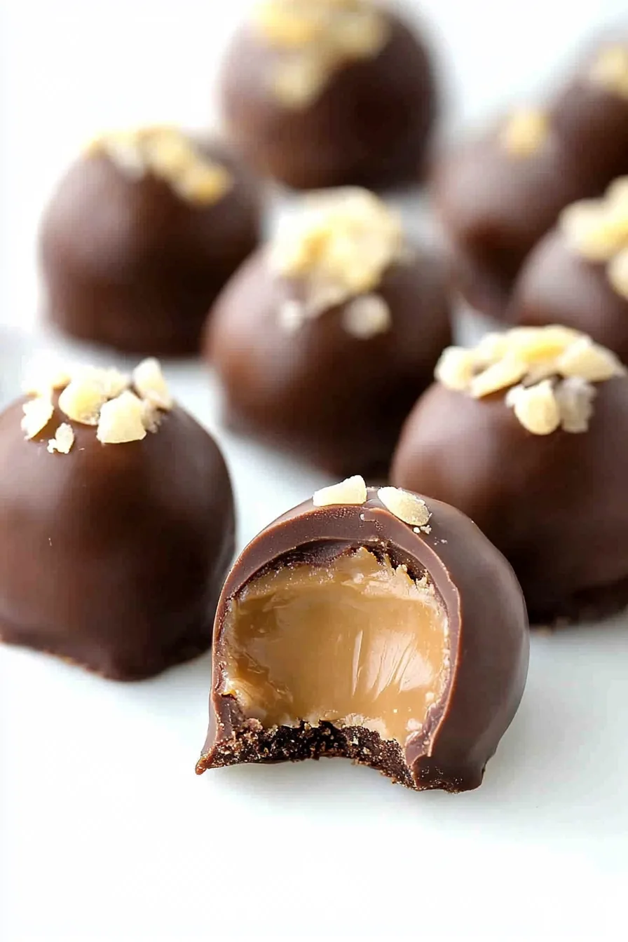 Round, glossy truffles arranged on a white surface with caramel pieces sprinkled on top.