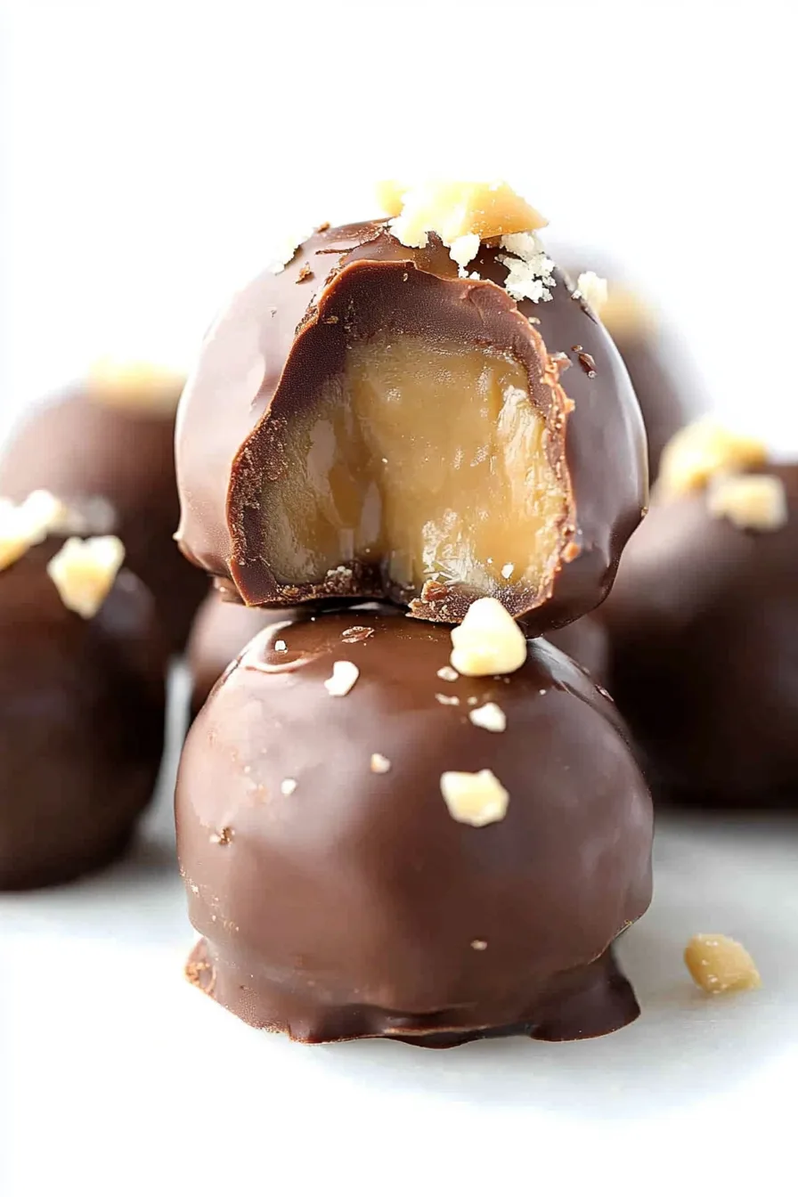 Front view of chocolate truffles showing their smooth coating and caramel topping.