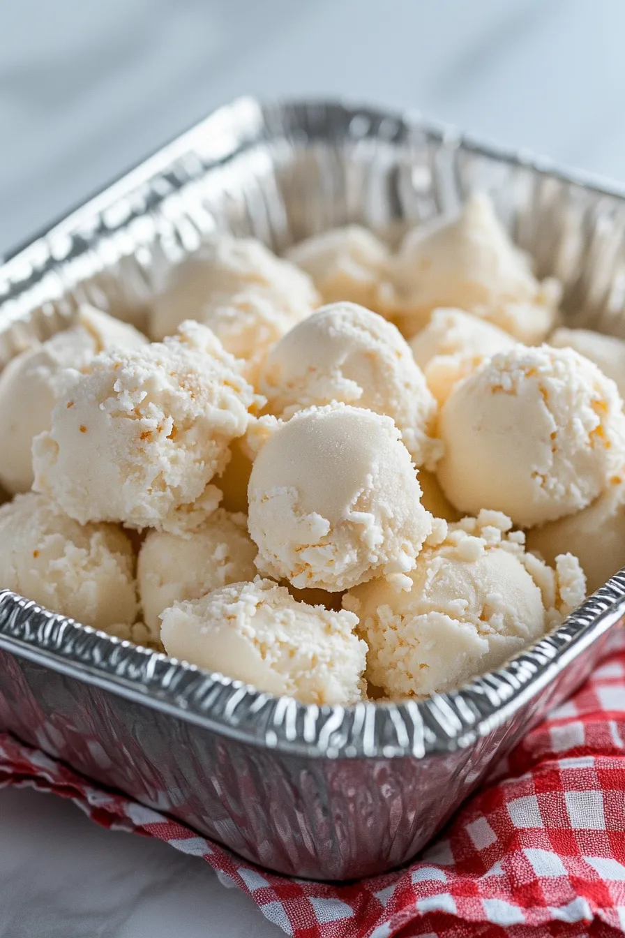 Overhead shot of delicate, snow-dusted dessert bites ready to serve.
