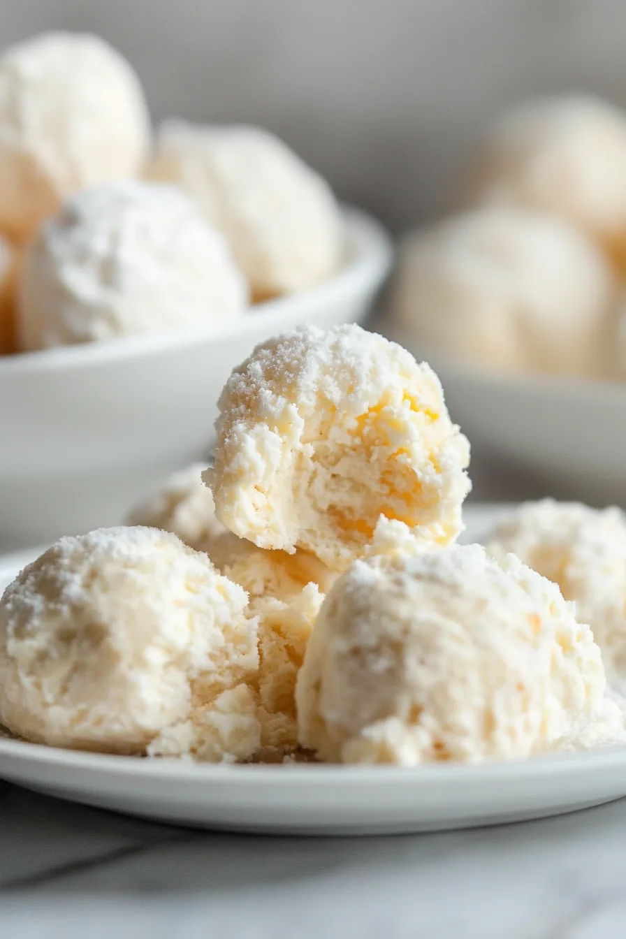 Close-up of powdered, snowy-looking bite-sized treats on a white plate.”