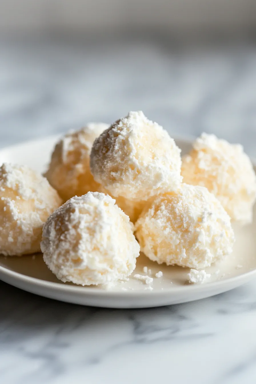 Fluffy white dessert balls with a crumbly coating, displayed on a marble surface.