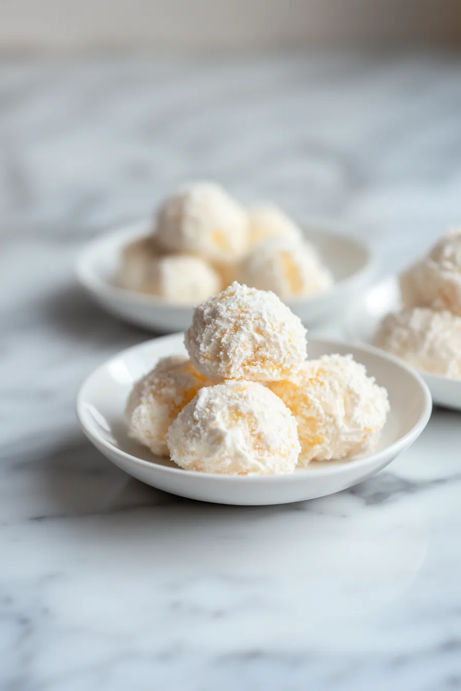 A plate of soft, coconut-coated dessert balls arranged in a small cluster.