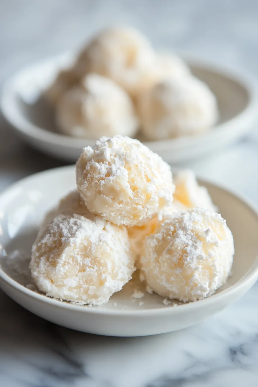 A stack of light, creamy confectionery balls covered in fine coconut flakes.