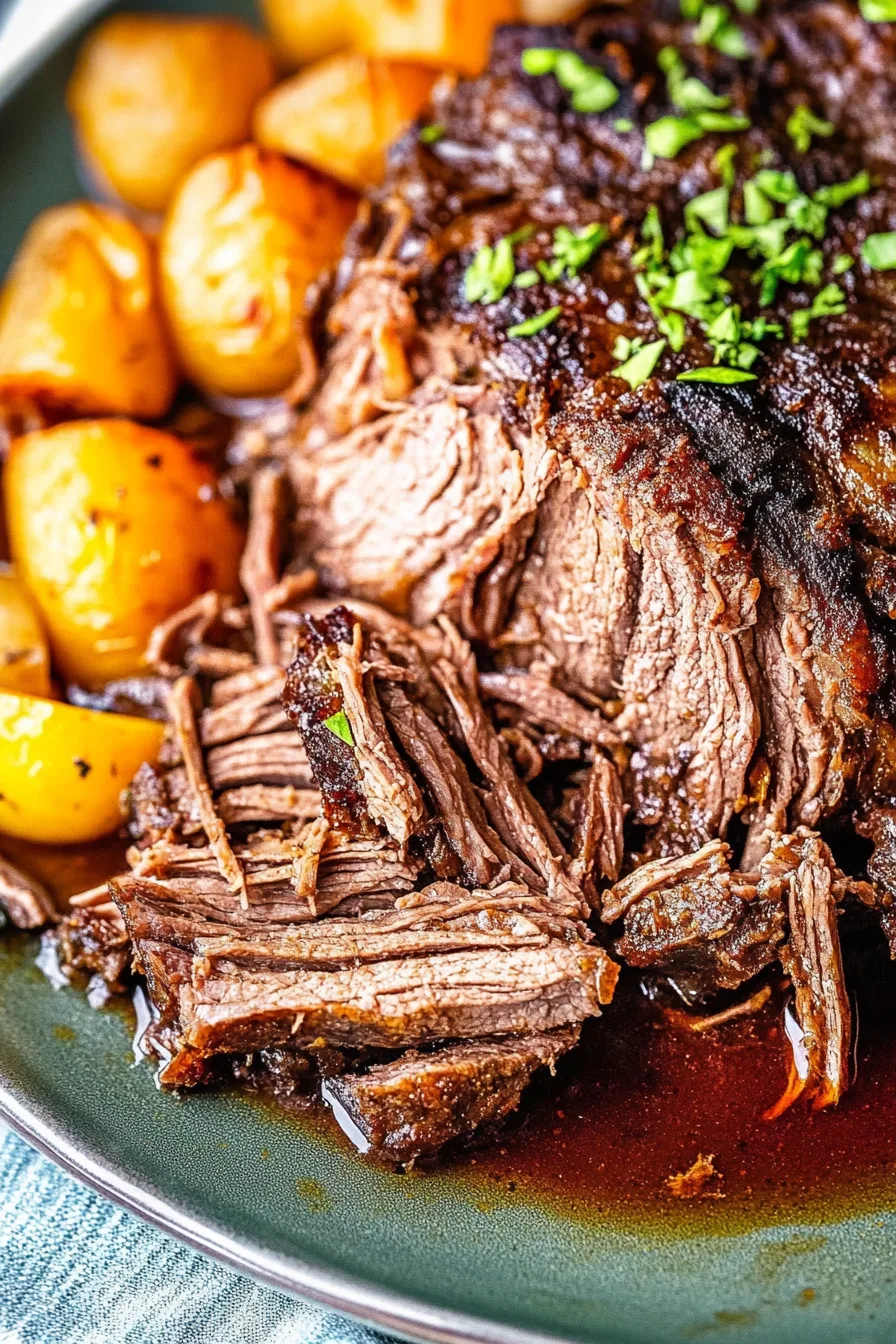 Close-up of tender, shredded beef coated in a rich, glossy sauce.