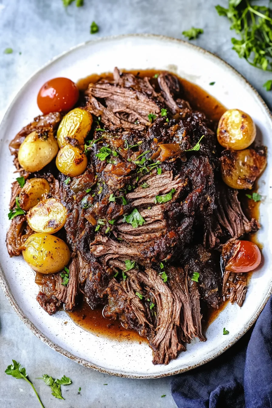 Shredded slow-cooked meat showing its soft texture and browned seasoning.