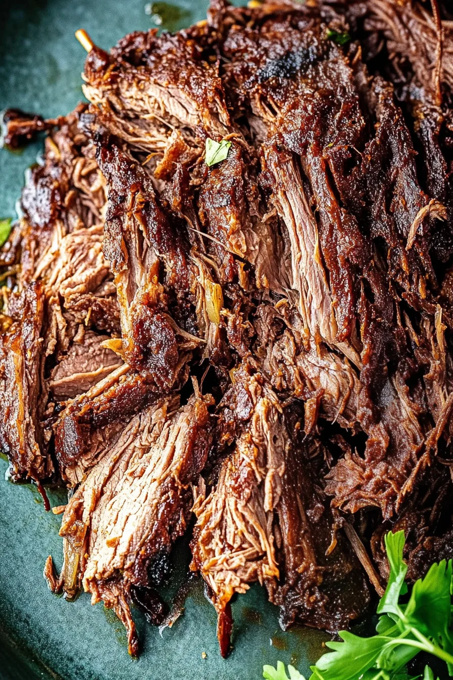 Juicy, fall-apart beef strands piled together with a dark savory glaze.