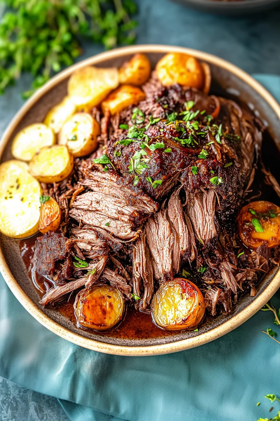 Pulled chuck roast with deep caramelized edges served on a plate.