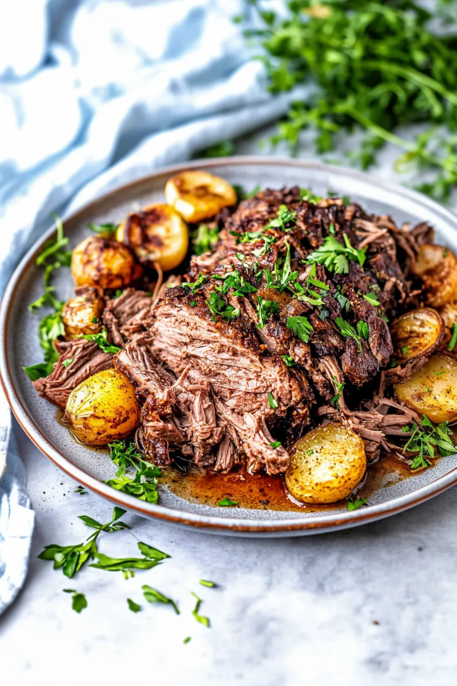 Moist, fork-tender roast beef with crispy browned bits throughout.